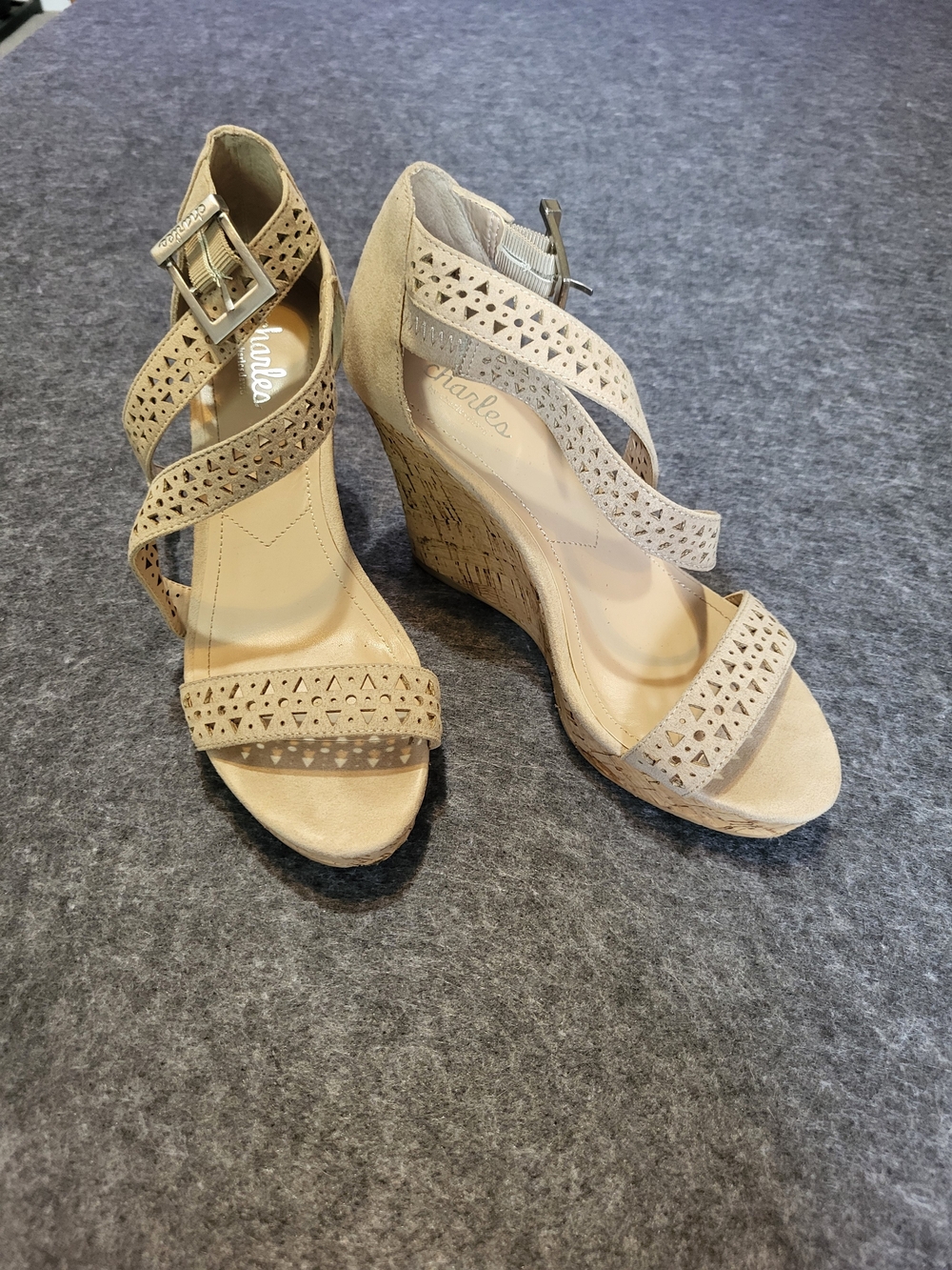 Charles by Charles David Beige Laser-Cut Wedge Sandals